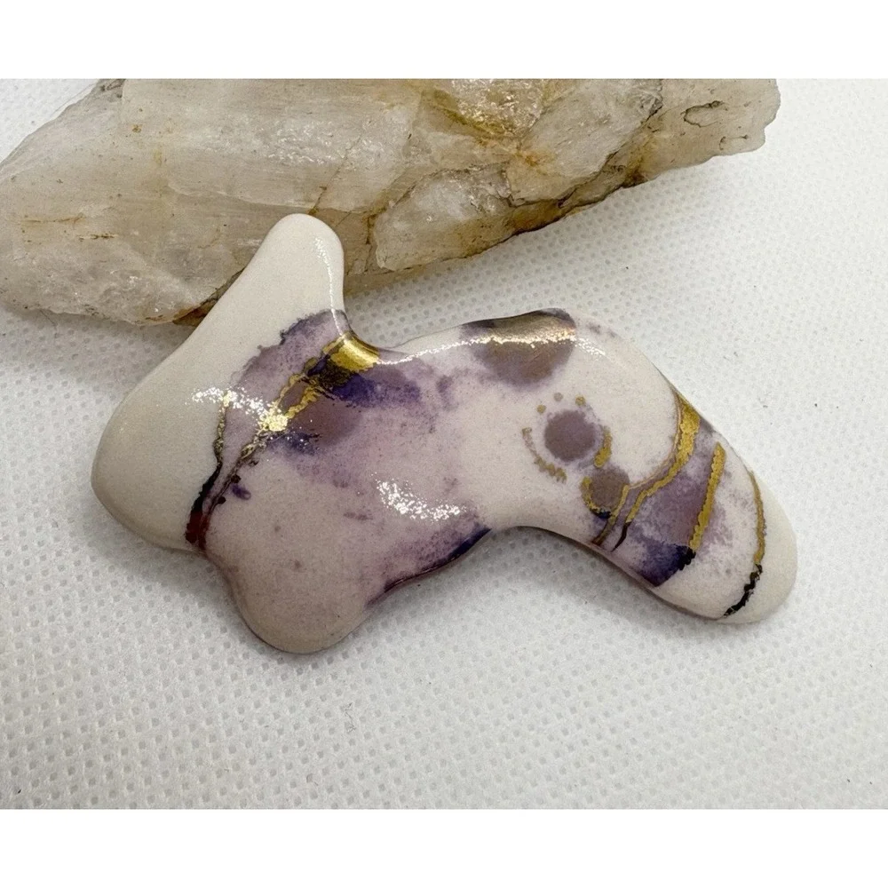 Handmade Ceramic Brooch Pin Purple Gold Glaze Abstract Modernist Artisan 80s 90s